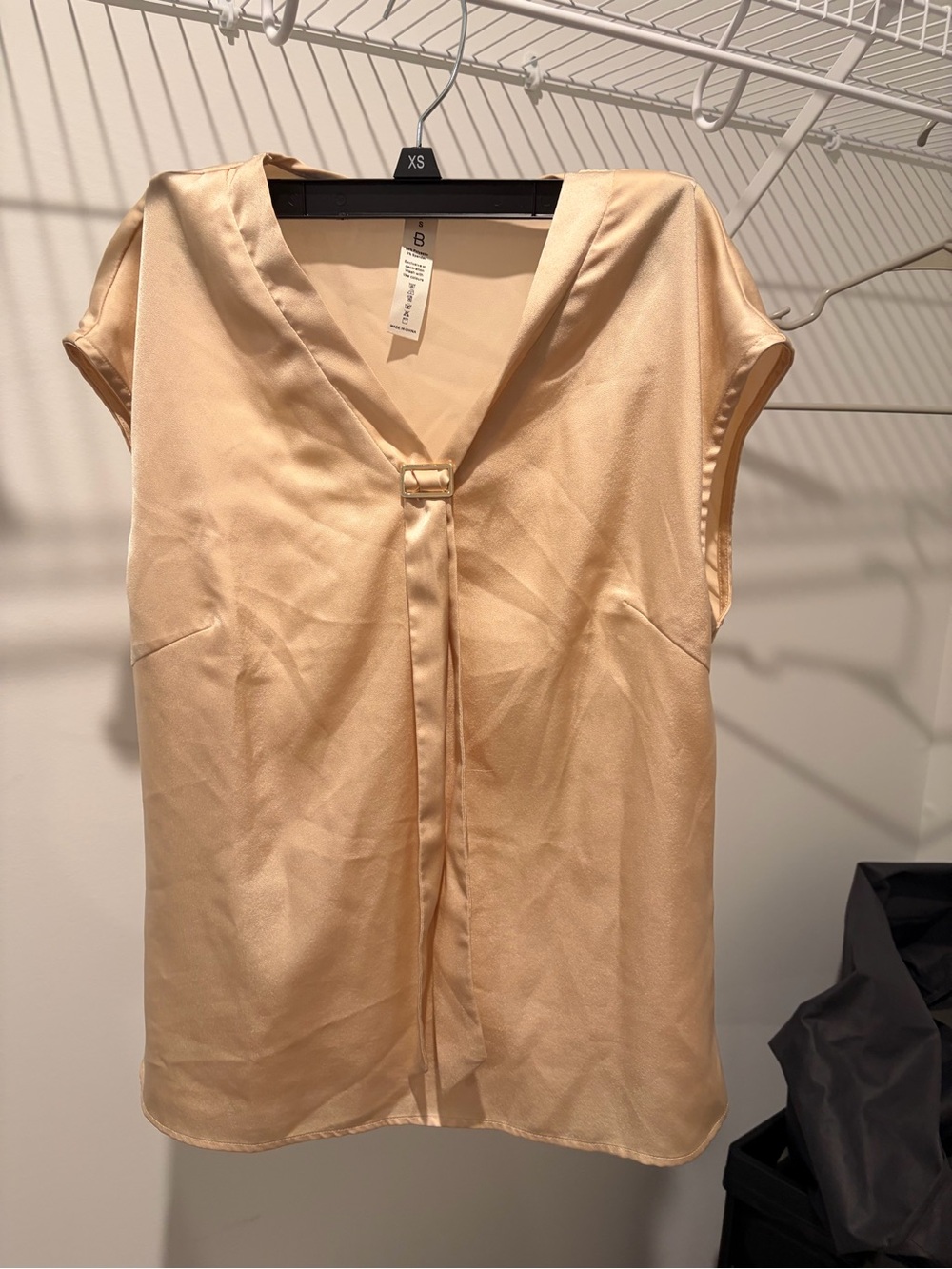 Cream Satin V-Neck Blouse with Front Tie